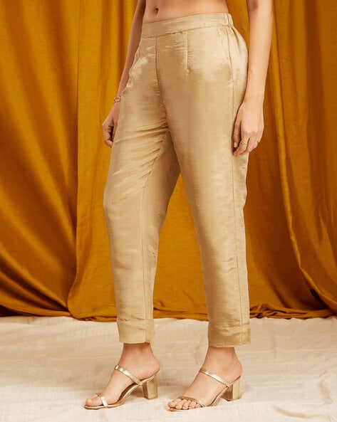 Buy PATRORNA Gold Mid Rise Slim Fit Trousers for Women Online @ Tata CLiQ