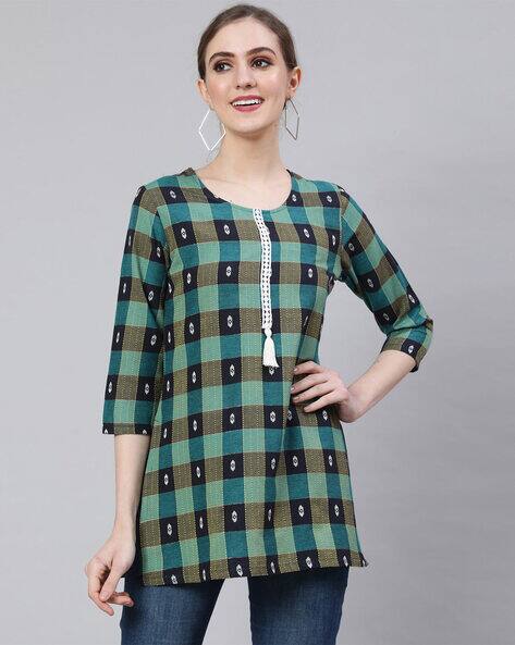AKIMIA Women Checked Straight Kurti