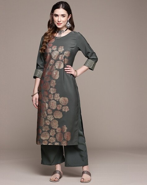Floral Print Straight Kurta with Bottomwear Set