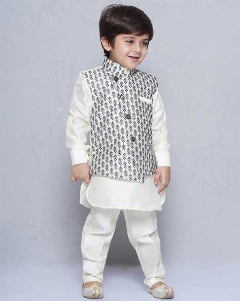 Elegant White Ethnic Kurta Pyjama with Red Waist Coat for Kids in India