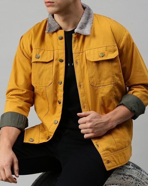 Men's Yellow Colourblock Denim Denim Jackets