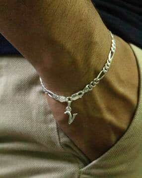 akshat sapphire Silver Figaro Bracelet with V Alphabet-picture-50