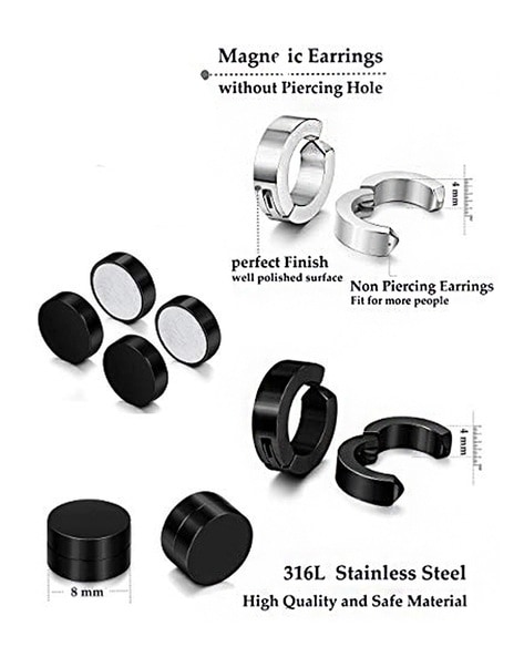 3 Pairs Stainless Steel Men Women Hoop Earrings Clip on CZ Non-Piercing, A: 3 Pairs Silver-Tone