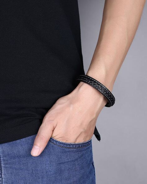 Men's Cross Braided Bracelet Leather Cuff Bracelet Bangle Magnetic Clasp