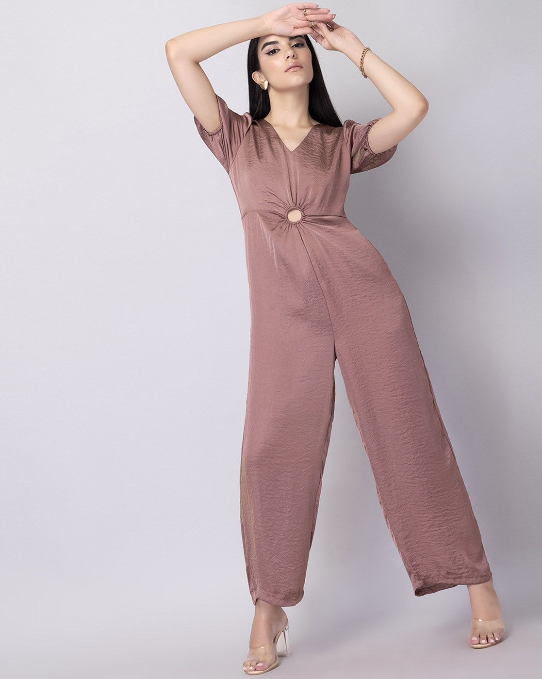 Buy Faballey Pink Strappy Tie Up Smocked Waist Jumpsuit online