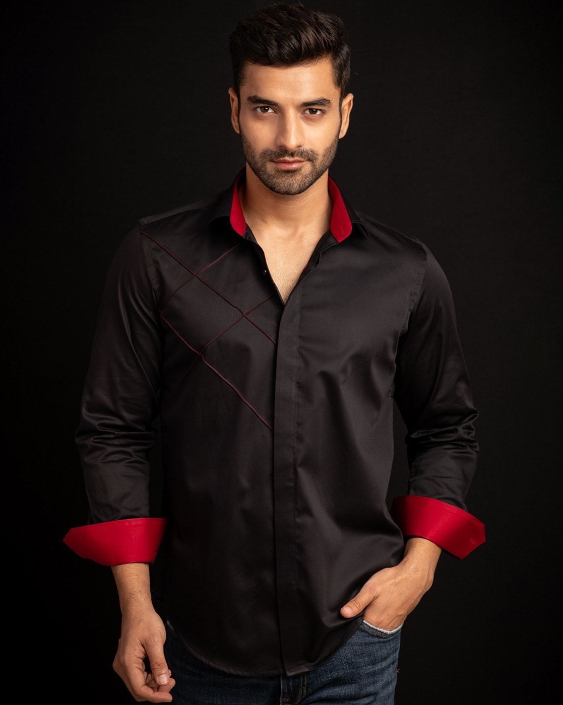 Black dress shirt with red collar on sale