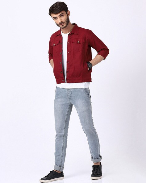 Mens Casual Wear Button Closure Burgundy Jacket | lerenjack