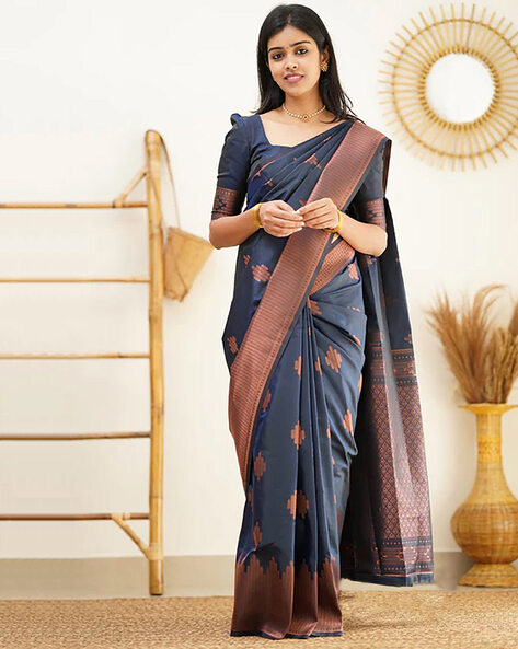 Navy Blue Glossy Cotton Saree G1967 – East Star Handlooms