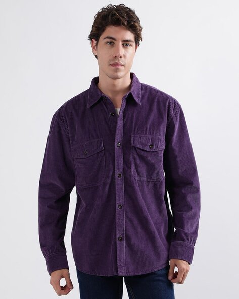 Men Ribbed Loose Fit Shirt with Flap Pockets