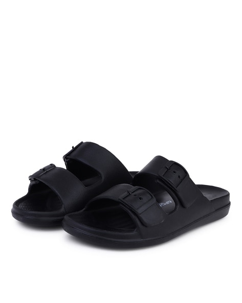 Black discount strappy slides