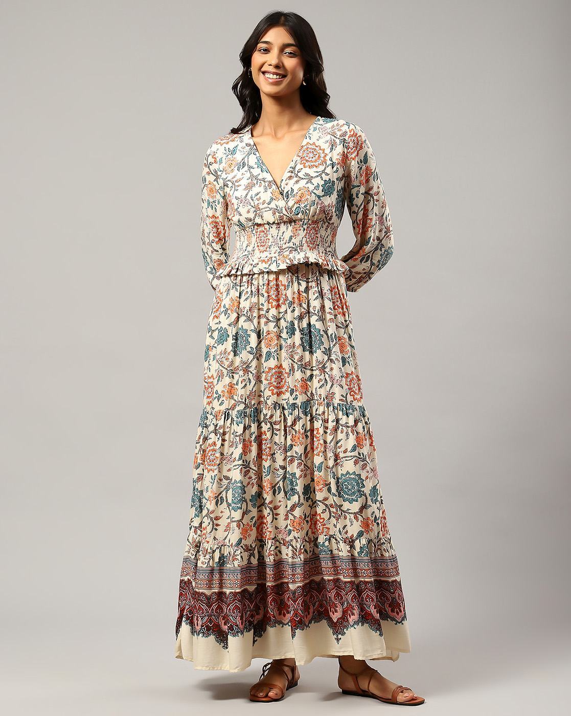 Buy Ecru Floral Print Pleated Short Dress Online - Label Ritu Kumar India  Store View