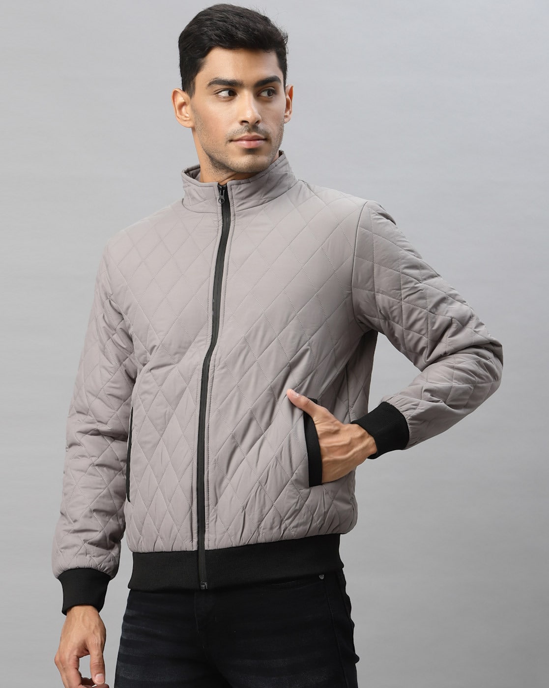 Grey quilted hotsell bomber jacket