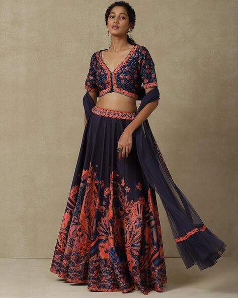 SM2H470225 Blue And Orange Satin Lehnga Saree | Lehnga saree, Lehenga style  saree, Lehnga