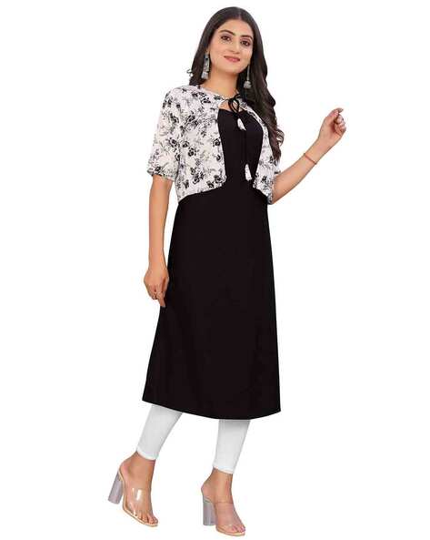 Black floral printed sleeveless & chinese collar cotton a-line below-knee  coat-style kurti