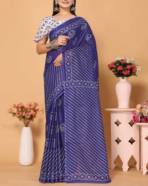 Sapphire Blue Striped Woven Banarasi Cotton Saree – Chinaya Banaras