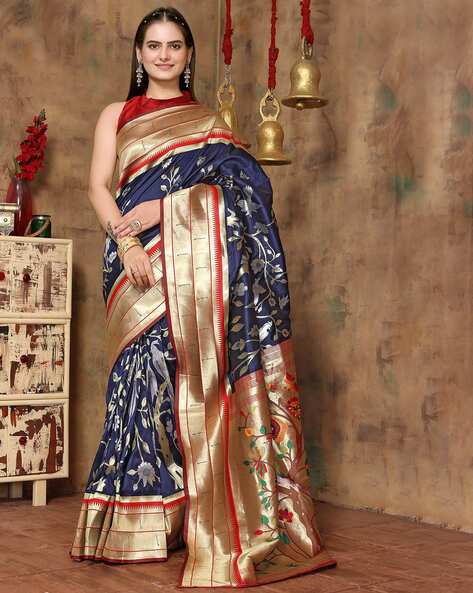 Classy silk saree in blue and red silk combination with small manga zari  motifs – Meshira