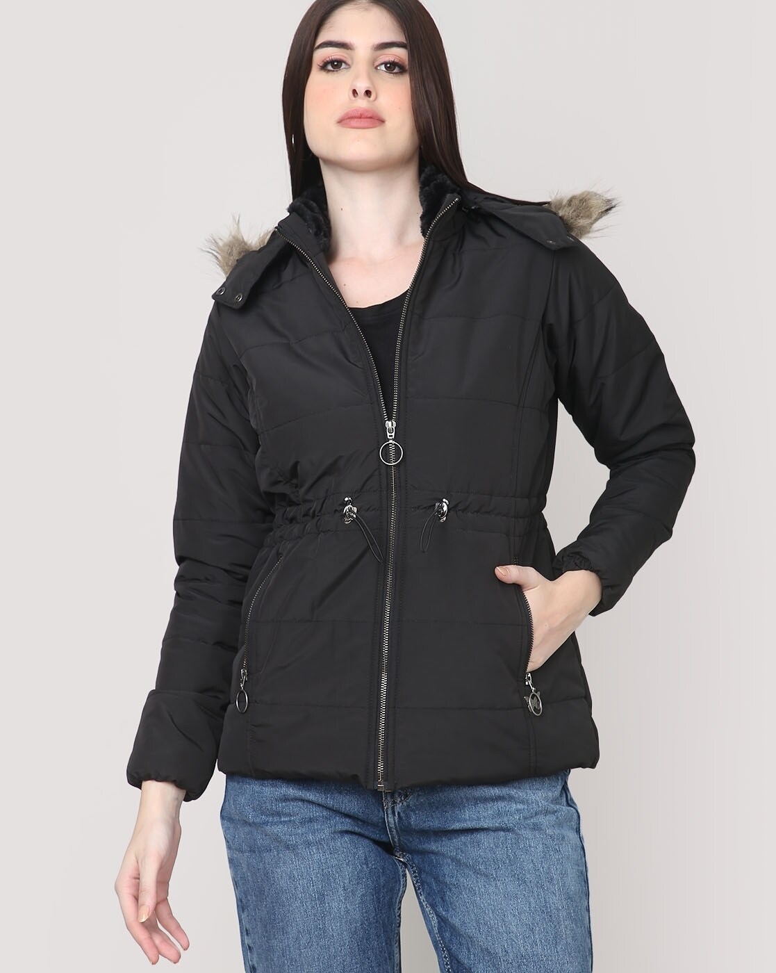 Women Quilted Regular Fit Jacket with Detachable Hoodie