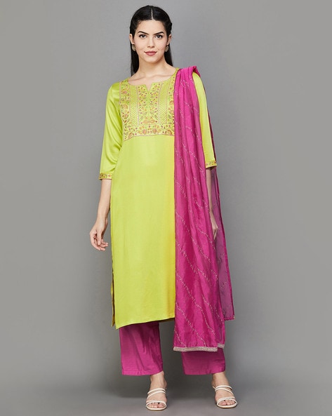Yellow Stylish Evening Wear Cotton Embroidered Quater Sleeves Kurti With  Pink Printed Lehenga Ca… | Long kurti designs, Cotton kurti designs, Plain  kurti designs