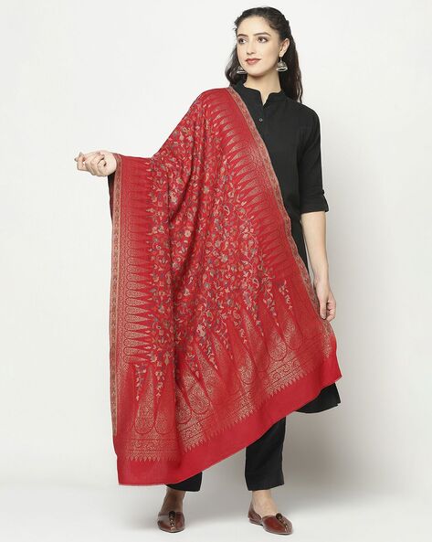 Women Floral Woven Shawl with Frayed Hem Price in India