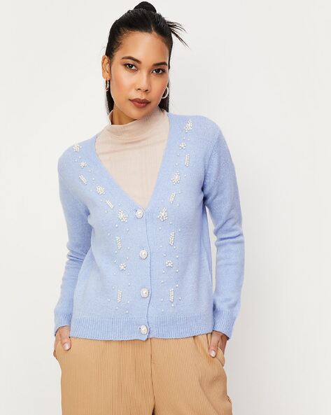 Ladies button sweater best sale