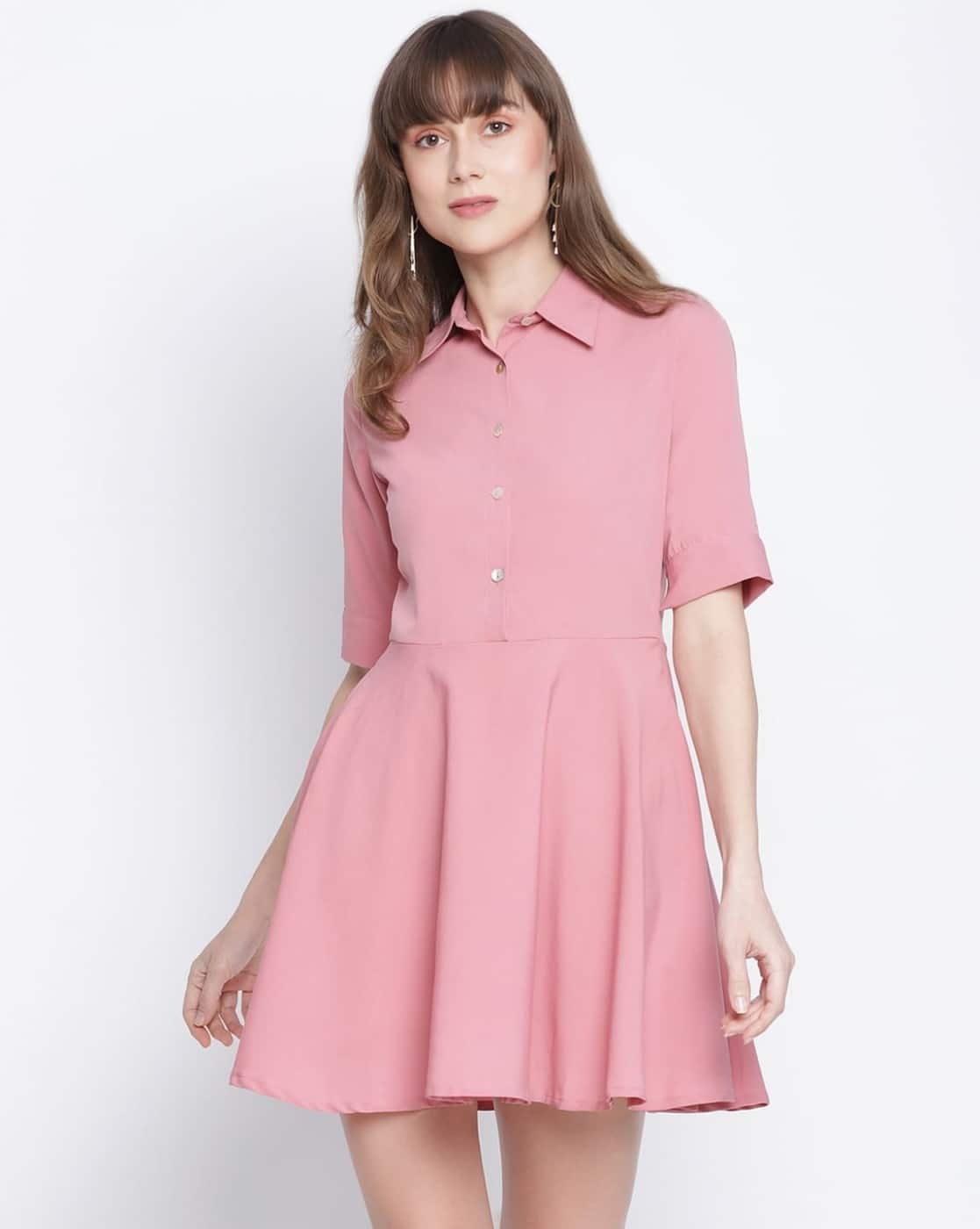 Draax Fashions Women A-Line Dress with Spread Collar (Pink)