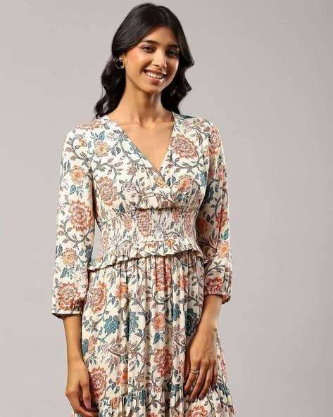 Buy Ecru Floral Print Strappy Maxi Dress Online - Label Ritu Kumar India  Store View