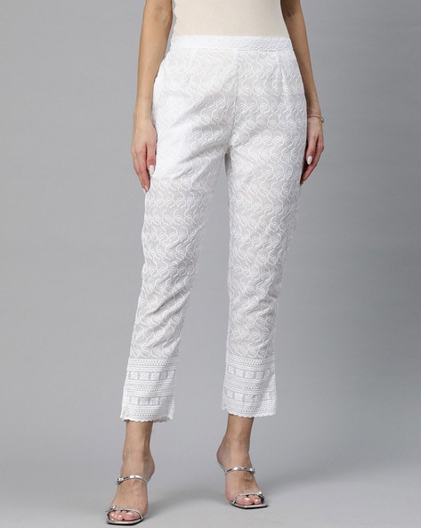 Buy Off White Embroidered Pants Online - W for Woman