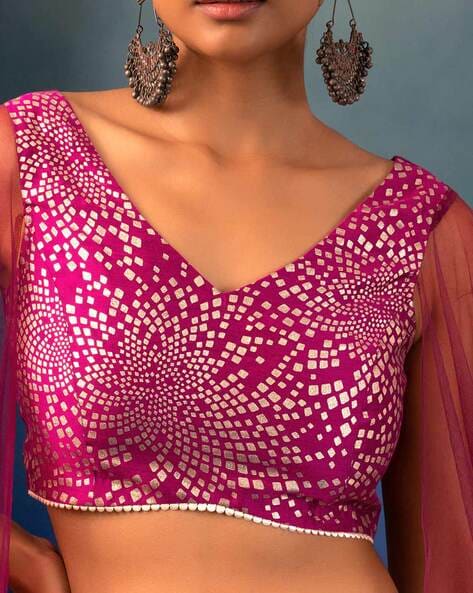 Fuchsia pink blouse with attached dupatta, Ivory lehenga – Sapana Amin