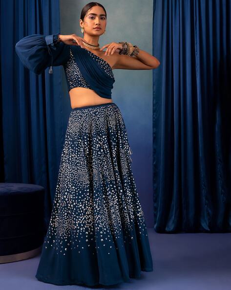 Yankita Designer Blue Georgette Lehenga Choli With Heavy Golden Work. One  Shoulder Chanya Choli for Women, Partywear Bridesmaid Lehenga - Etsy Hong  Kong