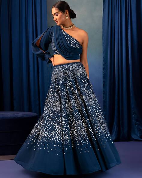 Adaara Couture Embellished One Shoulder Lehenga Set | Blue, Dust Satin,  Asymmetric, Asymmetric | Aza fashion, Lehenga, Fashion