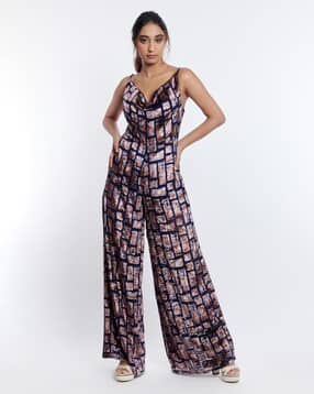 Women Printed Velvet Cowl-Neck Jumpsuit-image-0