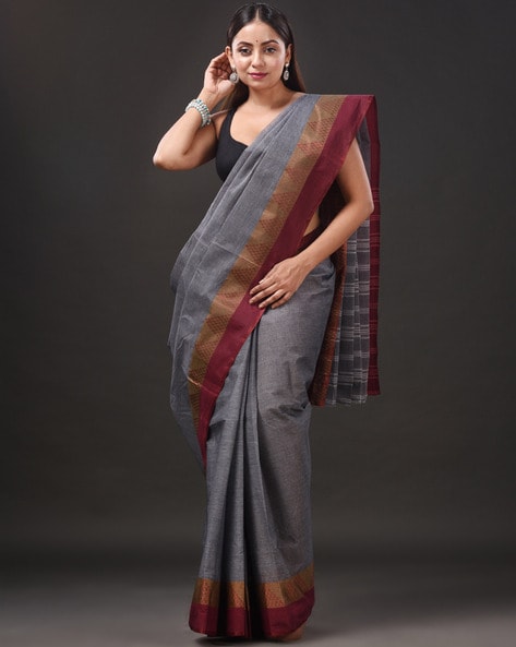 Grey Pure Cotton Silk Banarasi Handloom Saree With Handwoven Resham Bo –  Rasm By Muskaan