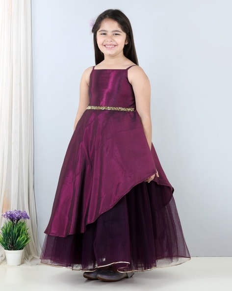 Purple Colour Kids Girls Party Wear Knee-Length Frock Dress