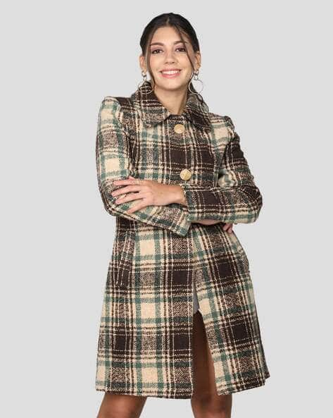 Women Checked Trench Coat with Welt Pockets