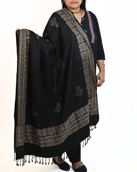 Women Embellished & Embroidered Shawl with Tassels Price in India