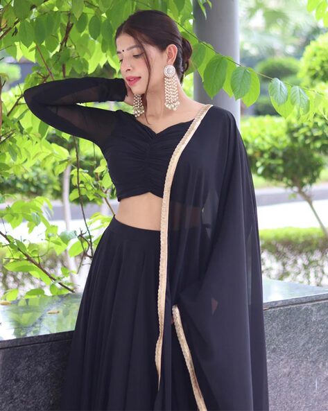 Soft Net Base Black Color Heavy Zari Work Lehenga With Illusion Neck Blouse