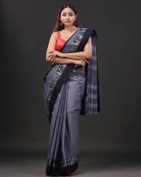 Kotha Zari Border Saree Handloom Saree With Print in Grey Color South Saree  in USA, UK, Malaysia, South Africa, Dubai, Singapore