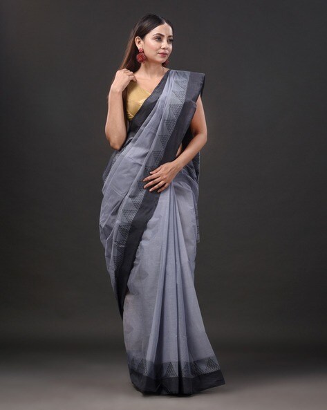 Neemki Kaj on Handloom Saree - Grey - ArtisanSoul