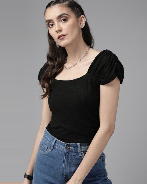 Black Satin Ladies fancy square neck puff sleeve top at Rs 380
