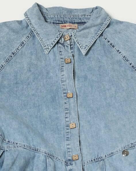 V by Very Curve Puff Sleeve Soft Touch Denim Shirt | littlewoods.com