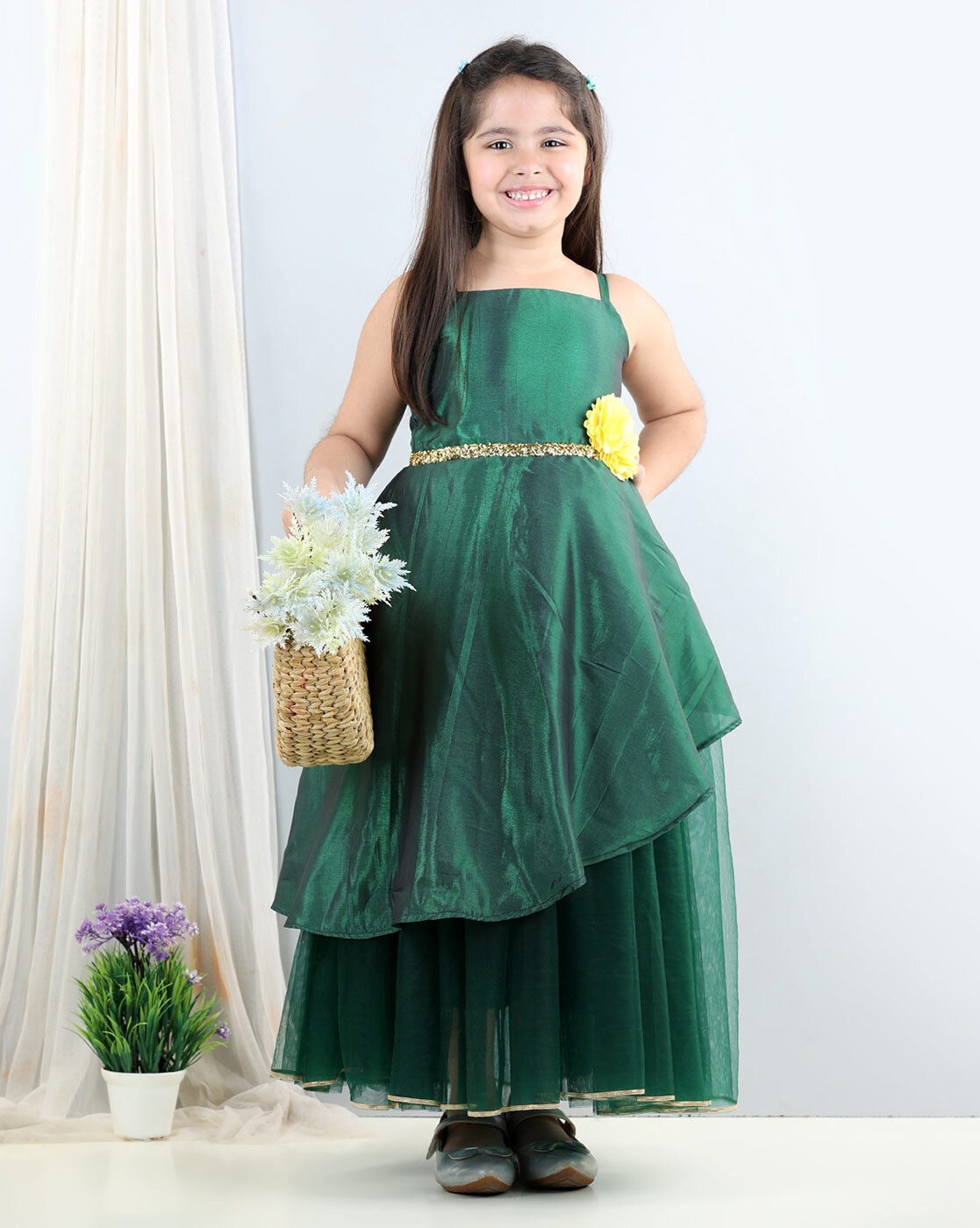 Buy Frocks & Dresses Ethnic Wear Girls Silk South Indian Party Long Dress -  Green Clothing for Girl Jollee