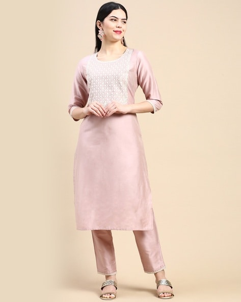 Summer Queen Baby Pink Embroidered Cotton Stylish Kurti with Dupatta and Pant  Set | Bhadar