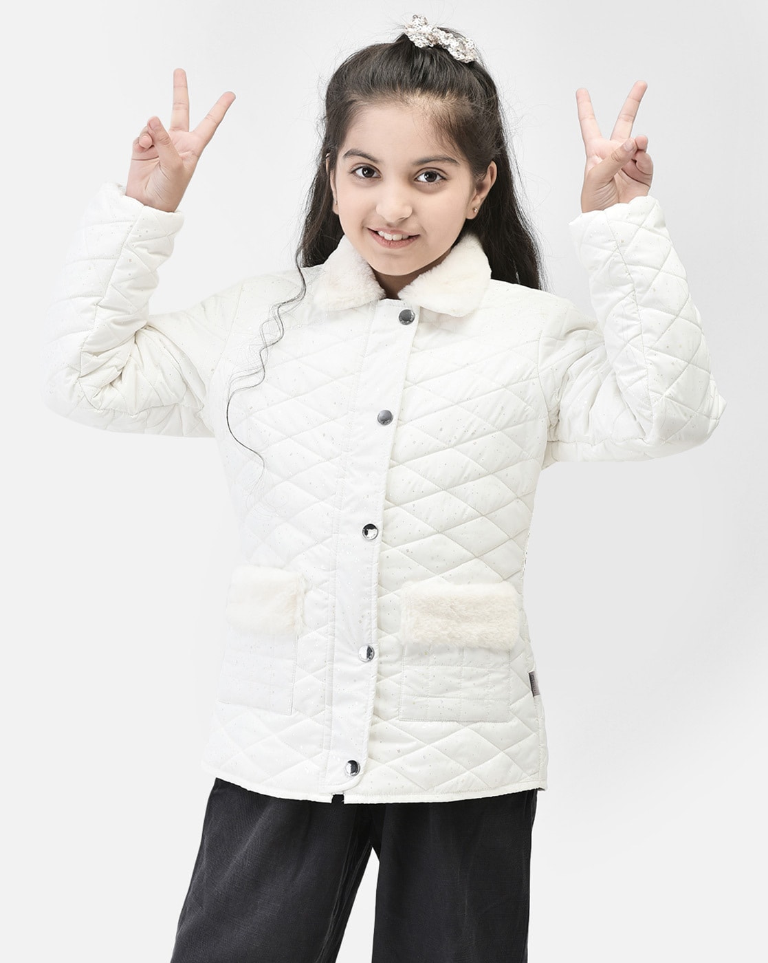 GIRLS OFF WHITE FULL SLEEVE HOODIE JACKET WITH RIB TRIMMED CUFFS