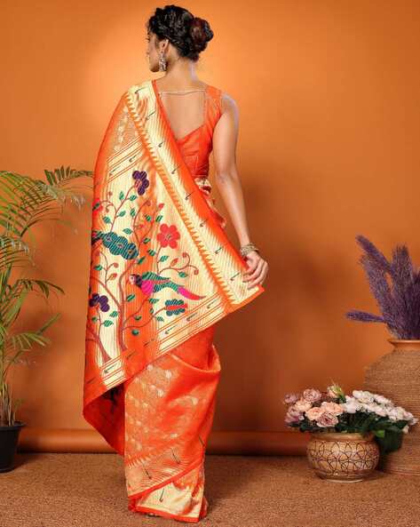 Buy HOUSE OF JAMOTI Mul Handloom Banarasi Orange Saree online