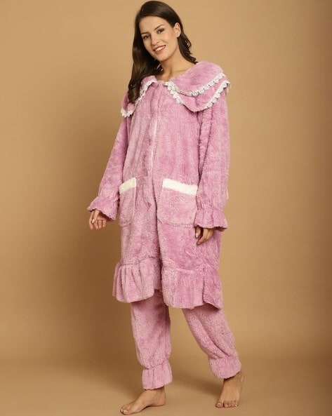 Women Colour Block Woolen Top Pyjama Set