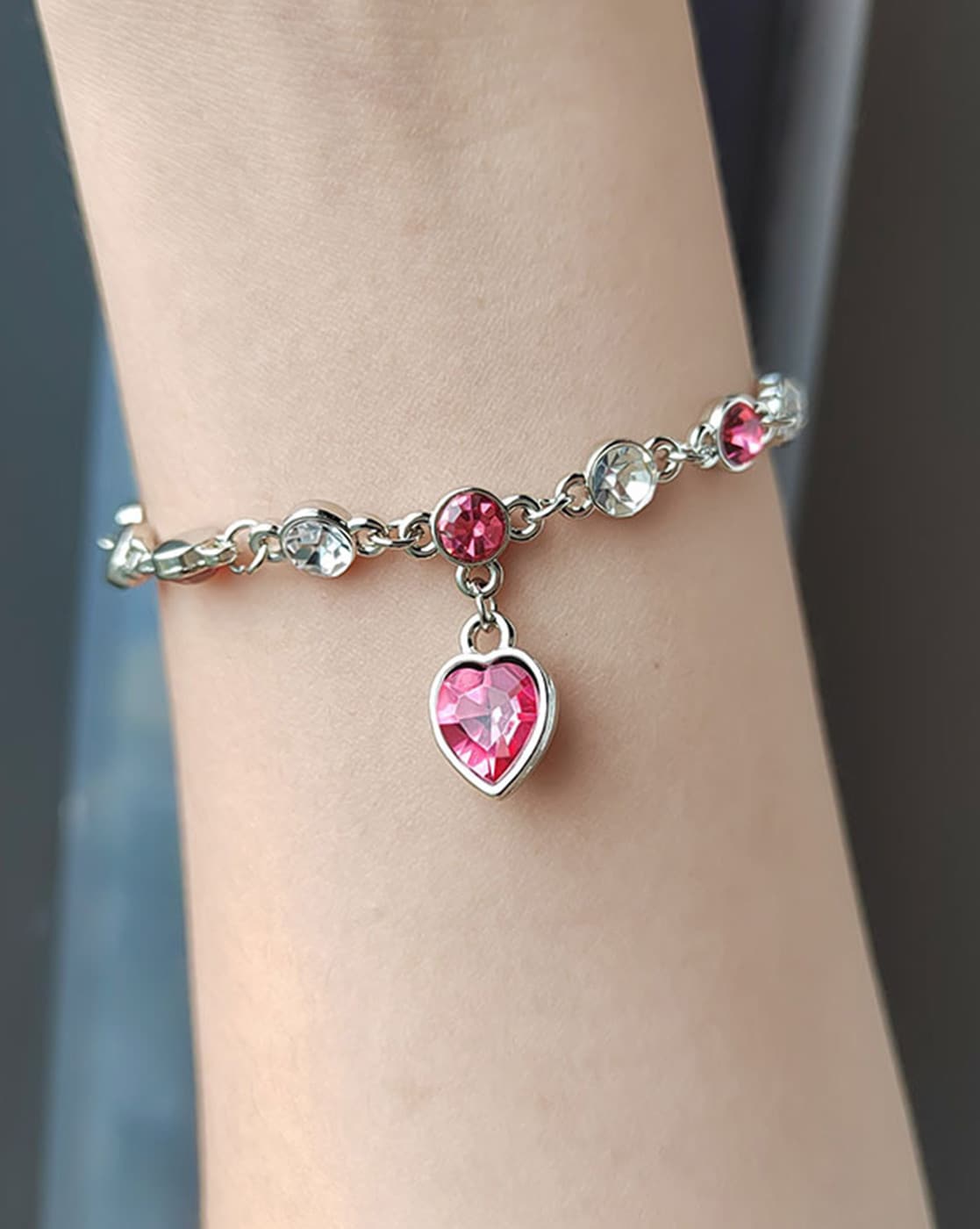 Silver Plated Crystal-Studded Heart Link Bracelet