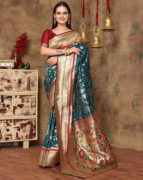 Navy Blue Paithani Silk Saree With Red Border - Buddha And Beyond