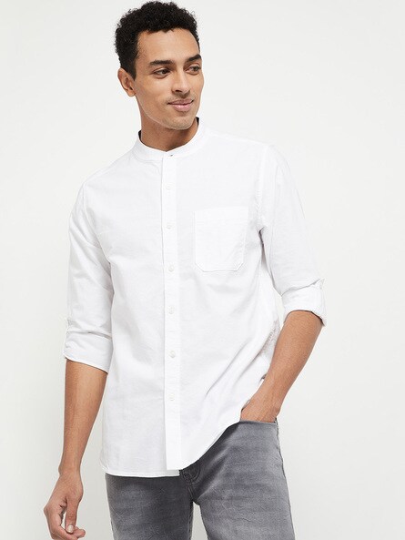 Mandarin Collar Shirt with Patch Pocket