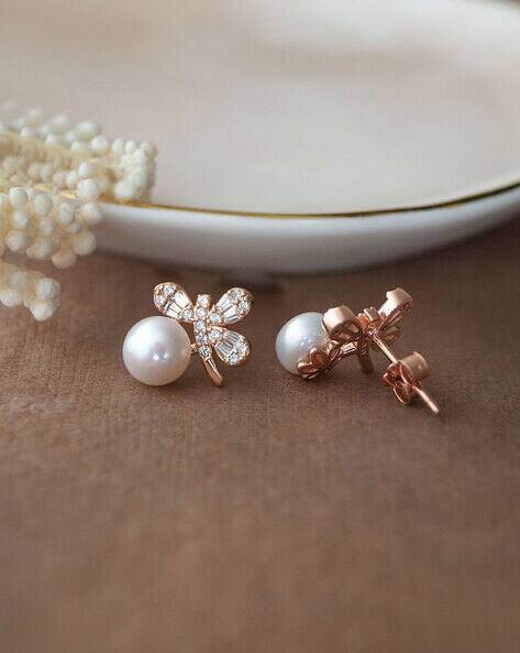 Women Sterling Silver Rose Gold-Plated Pearl Stud Earrings