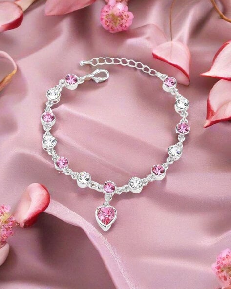 Silver Plated Crystal-Studded Heart Link Bracelet